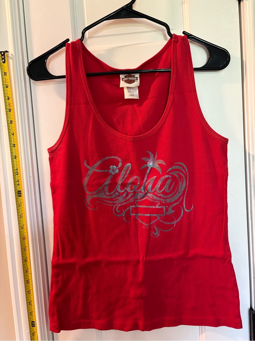 Harley-Davidson Red Tank Top with Silver Aloha Graphic